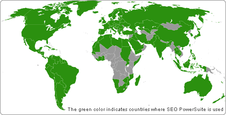 The green color indicates countries where SEO PowerSuite is used.